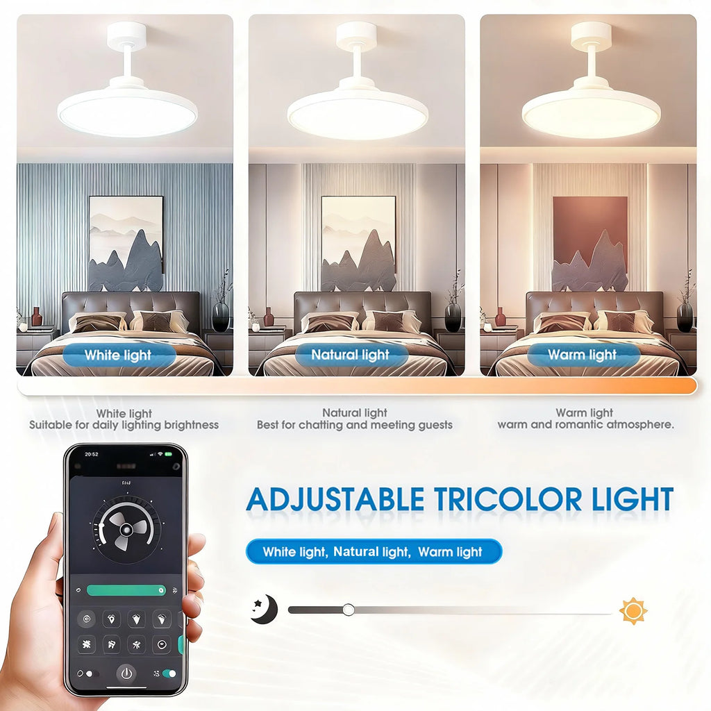 Ventilatore a soffitto Nordic Simple Boom con luce, controllo remoto tramite APP, regolazione continua della luminosità, 6 velocità del vento, per soggiorno, camera da letto, ristorante, decorazione.