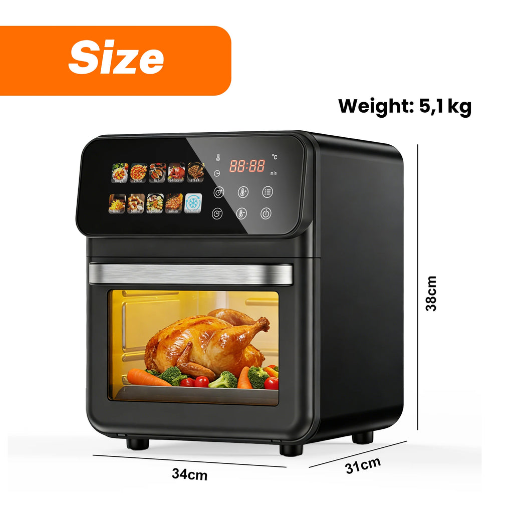 Digitale Heißluftfritteuse 10L, 1500W, 10 Programme, 80-200°C Sichtfenster, Timer, Innenbeleuchtung, Antihaftbeschichtung