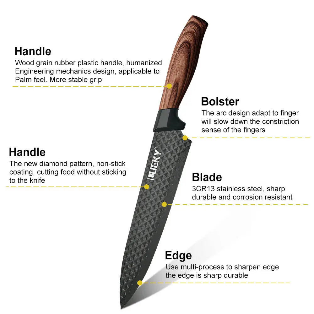 Set di 6 Coltelli da Cucina ZENG con Lame Affilate Antiaderenti, Manico Ergonomico in Legno, Set Completo per Cucinare e Tagliare