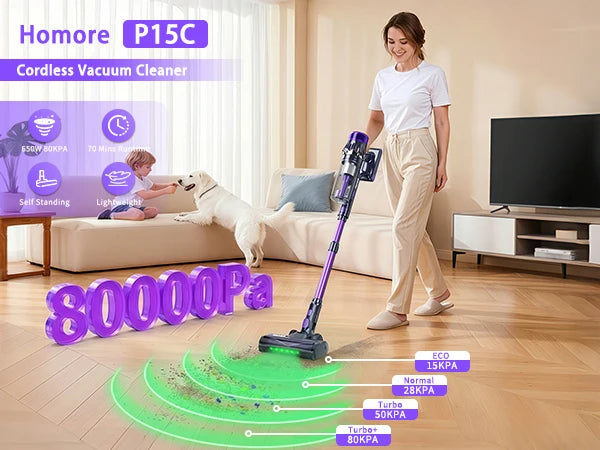 Homore P15C 650W 80KPA Leistungsstarker kabelloser Handstaubsauger mit LED-Display, 4 Saugmodi, freistehende Funktion