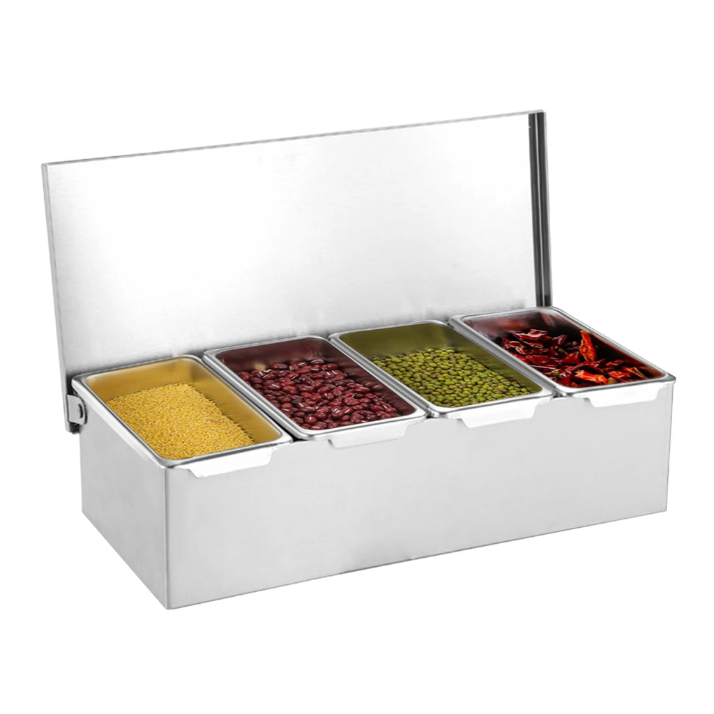 Silberne Obstschale aus Edelstahl mit 4 Fächern, Obstaufbewahrungsbox für den Haushalt, Gewürzbox für Küchen, Restaurants, Bars