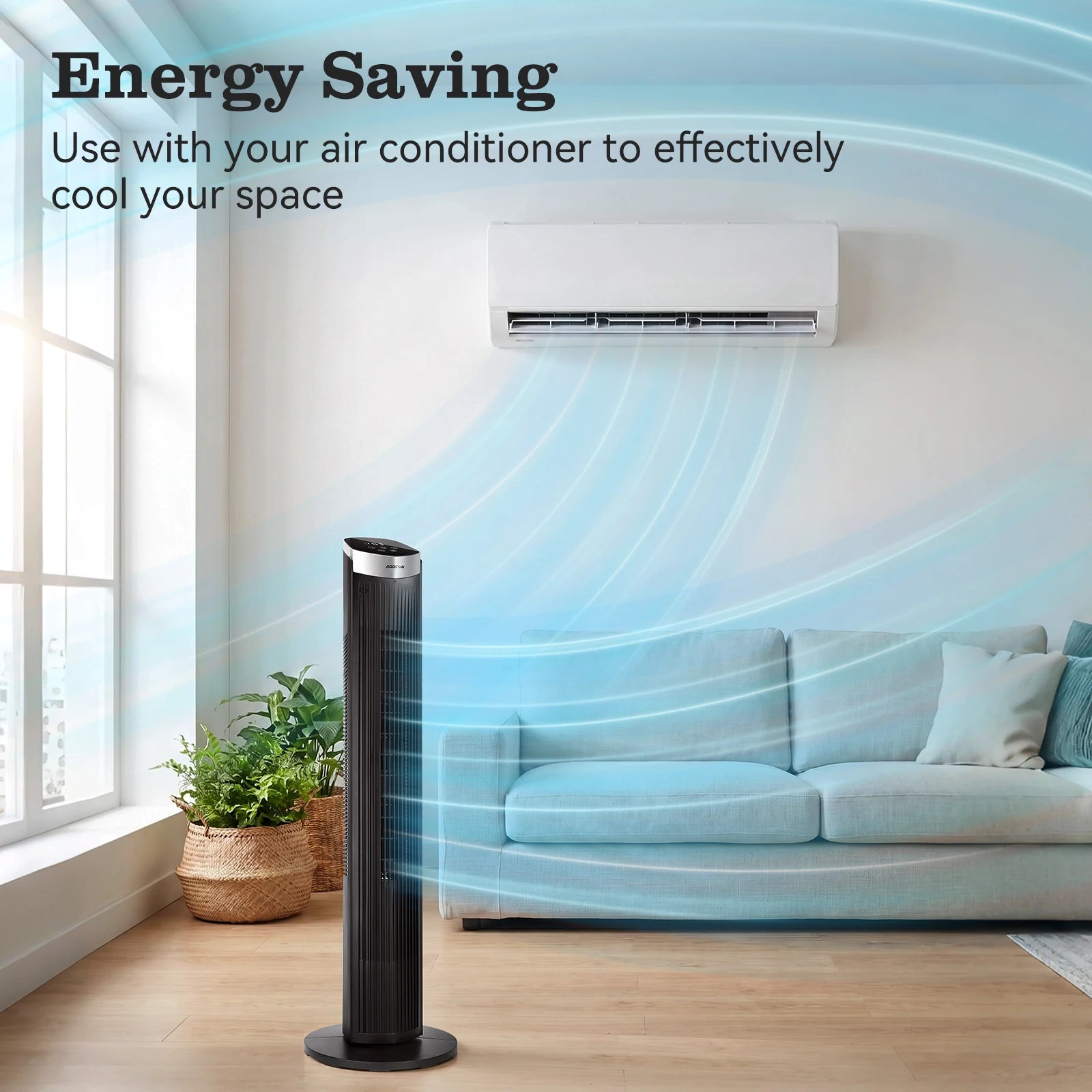 Aigostar Digitaler Turmventilator mit Fernbedienung/12-Stunden-Timer. 4 Modi und 3 einstellbare Geschwindigkeiten. 45W Leistung, 65° Oszillation, 93CM, für Zuhause und Büro, Schwarz