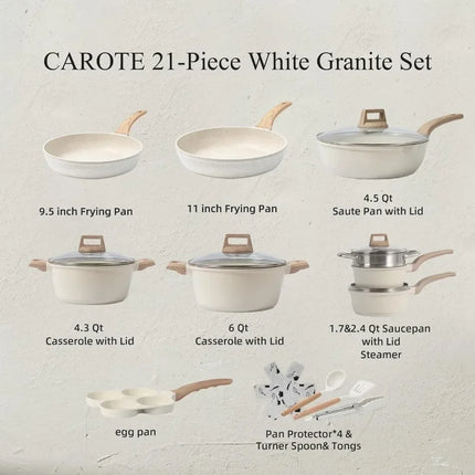 Set di 3-7 pentole e padelle antiaderenti in granito bianco per induzione, con padelle e casseruola
