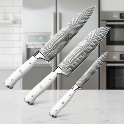 Set of 3 kitchen knives, carving knife, Santoku knife, utility knife, sharp stainless steel kitchen knives for home kitchen