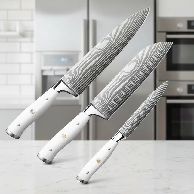 Set of 3 kitchen knives, carving knife, Santoku knife, utility knife, sharp stainless steel kitchen knives for home kitchen