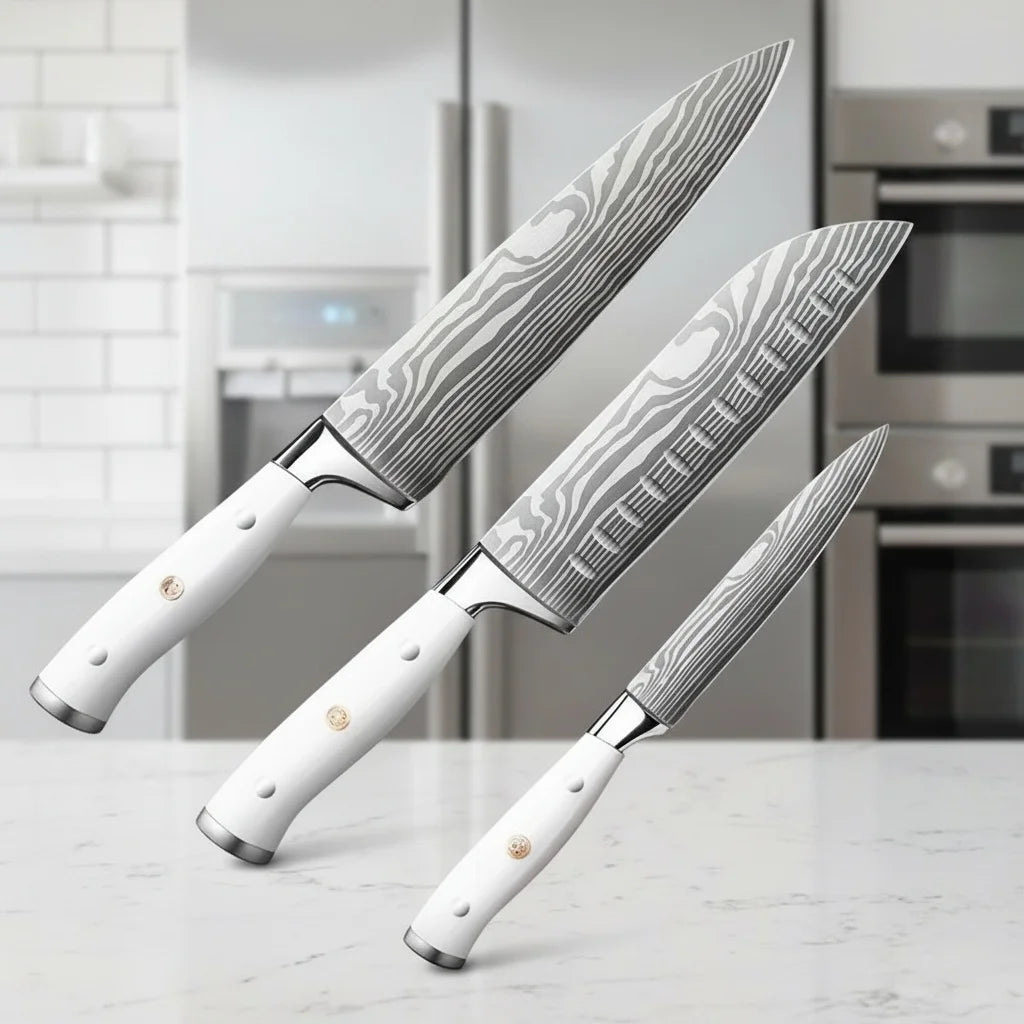 Set mit 3 Küchenmessern, Tranchiermesser, Santokumesser, Kochmesser, scharfe Edelstahl-Küchenmesser für die Küche zu Hause