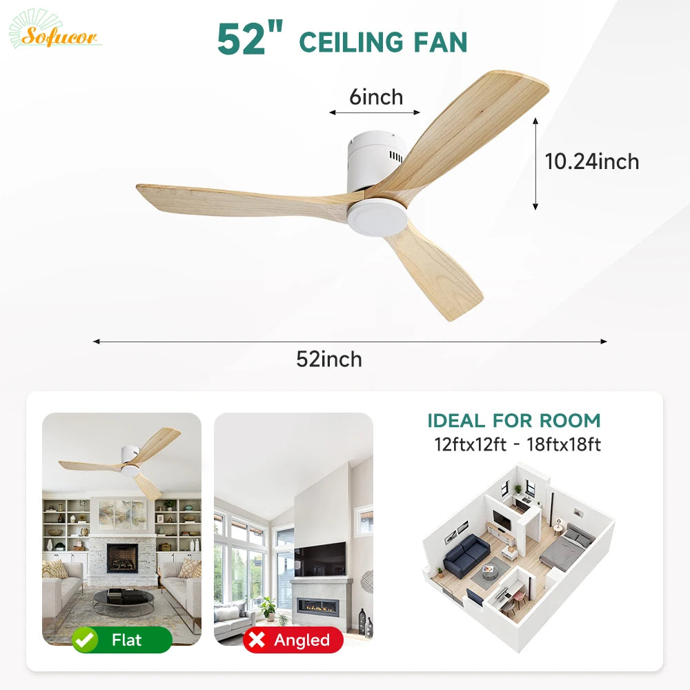 Ventilatore da soffitto Sofucor 52 pollici con telecomando, motore DC, 6 velocità, LED dimmerabile