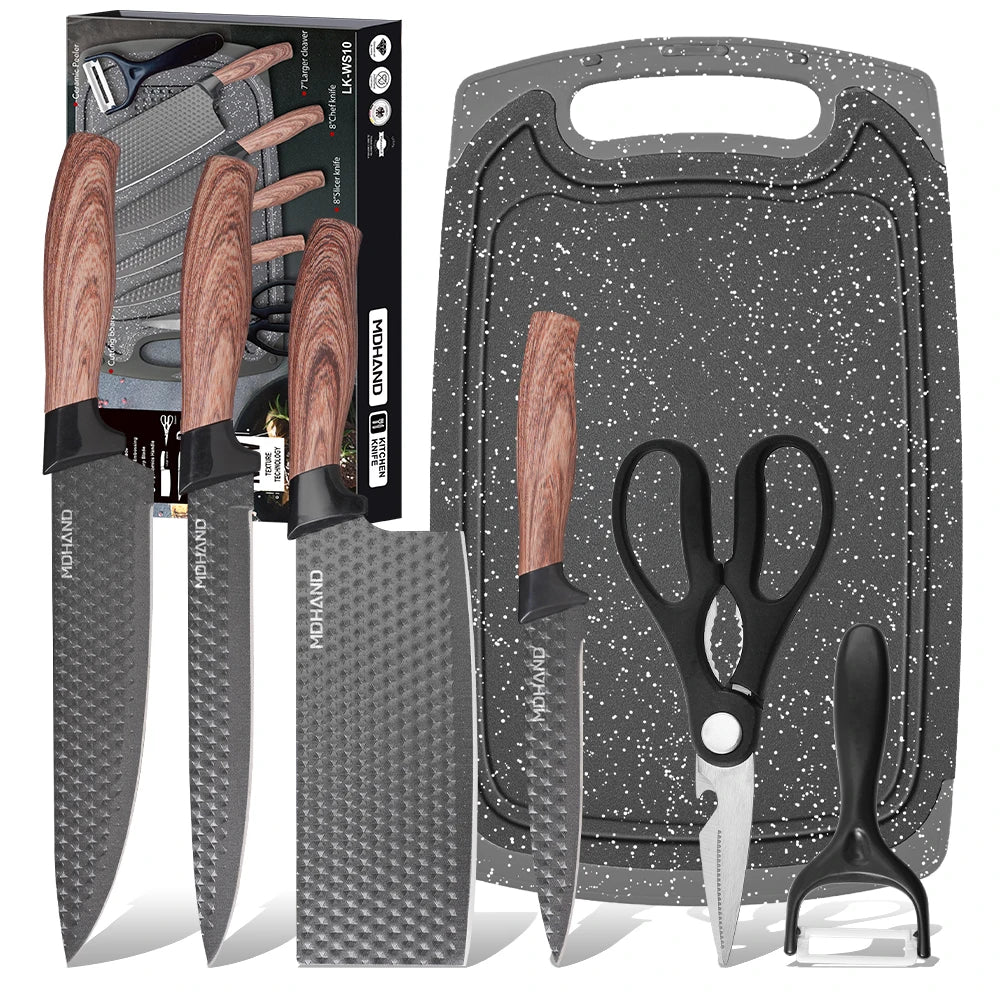 ZENG 7-teiliges professionelles Küchenmesserset mit Sternenmuster, Edelstahl, ergonomischer Griff, mit Schneidebrett, Schere und Geschenkverpackung