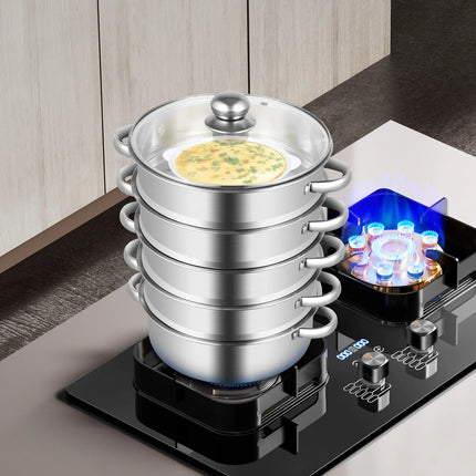 5-Tier 26cm Stainless Steel Steamer Pot, Durable Steaming Cooker with Glass Lid