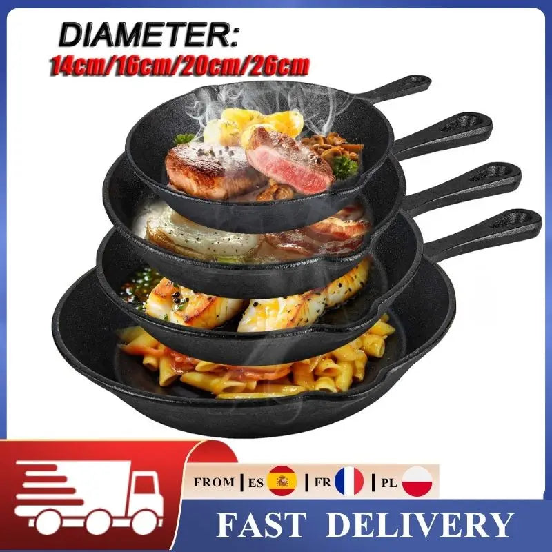 Set di 4 Padelle in Ghisa 14/16/20/26cm Senza Rivestimento Compatibili con Tutte le Fonti di Calore per BBQ, Frittura, Grigliate, Brasatura e Arrosto