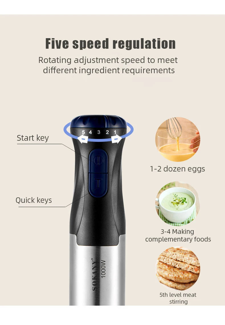 4-in-1-Stabmixer, Stabmixer aus Edelstahl, Turbo-Rotationssystem, geeignet für Fleisch, Gemüse etc.