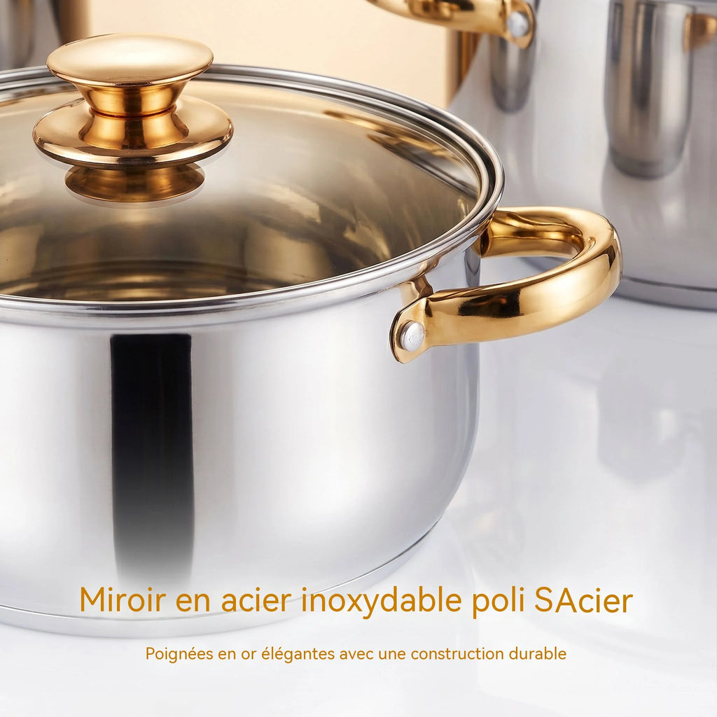 Set di 6 casseruole in acciaio inox per alimenti, con fondo a 5 strati, colore oro, ideali per cucinare, friggere e preparare zuppe.