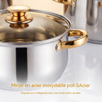 Set di 6 casseruole in acciaio inox per alimenti, con fondo a 5 strati, colore oro, ideali per cucinare, friggere e preparare zuppe.