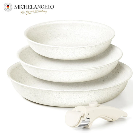MICHELANGELO Set 3 Padelle Antiaderenti con Manico Rimovibile, Rivestimento Antiaderente Color Crema, Padelle Atossiche per Cottura a Forno