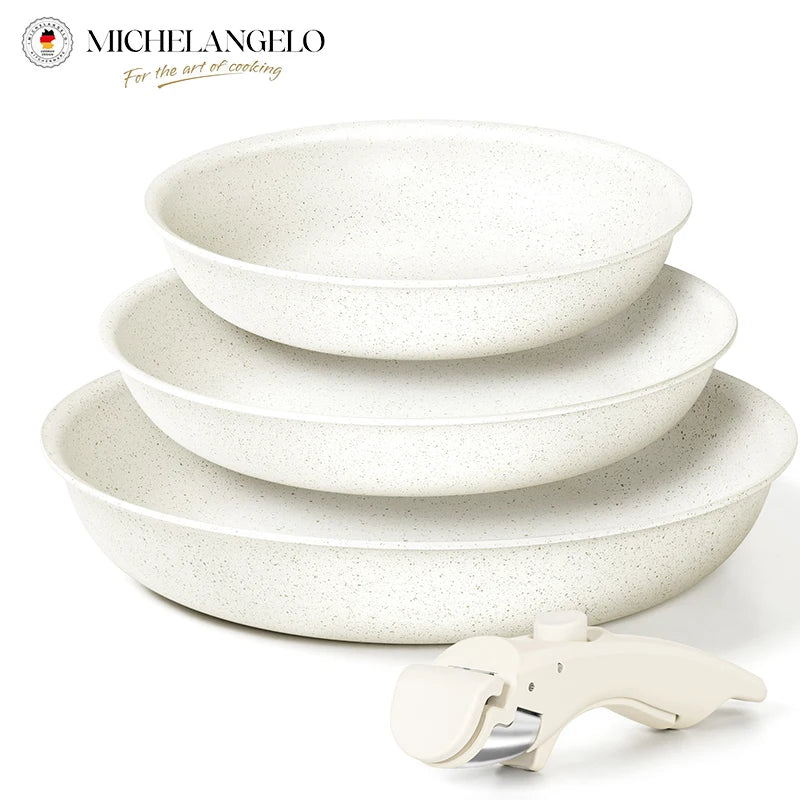 MICHELANGELO 3-teiliges antihaftbeschichtetes Pfannenset, abnehmbarer Griff, Cremefarben, antihaftbeschichtete Pfannen, ungiftige Pfannen für Backofen