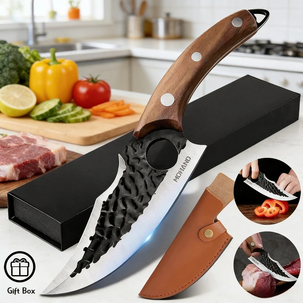 Gebogenes, beschichtetes Messer mit 3-Klingen-Design und Fingerloch, brauner Holzgriff, Geschenkbox für Küche, Kochen, Schneiden, Tranchieren