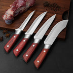 ZENG 4-teiliges Edelstahl-Fleischermesser-Set mit rotem Kunstholzgriff und Lederscheiden für die Küche