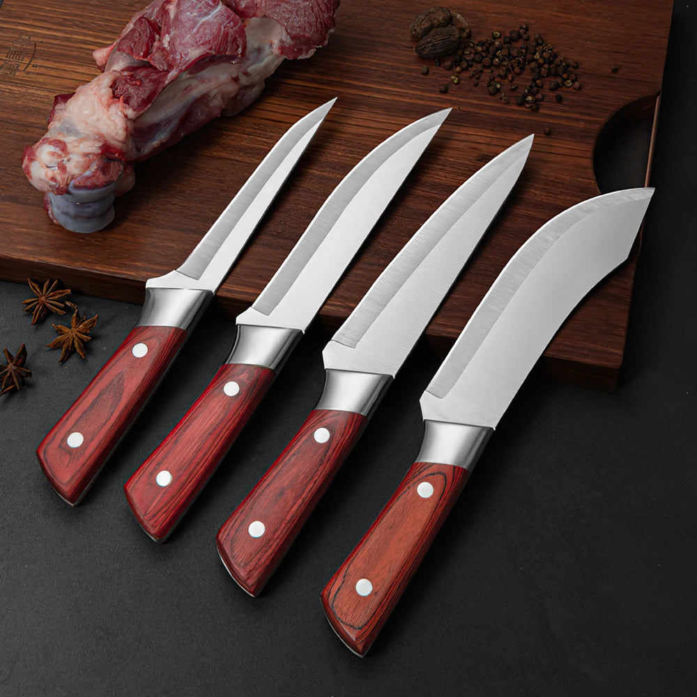 ZENG 4-teiliges Edelstahl-Fleischermesser-Set mit rotem Kunstholzgriff und Lederscheiden für die Küche