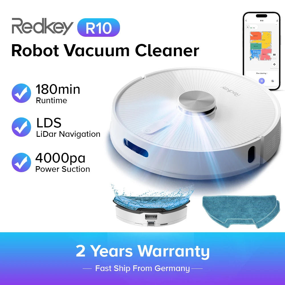 Redkey R10 Saugroboter, LiDAR-Navigation, App-Steuerung, 4000PA Saugkraft, Intelligente Wischfunktion, Boden- und Teppichreiniger (1000W)