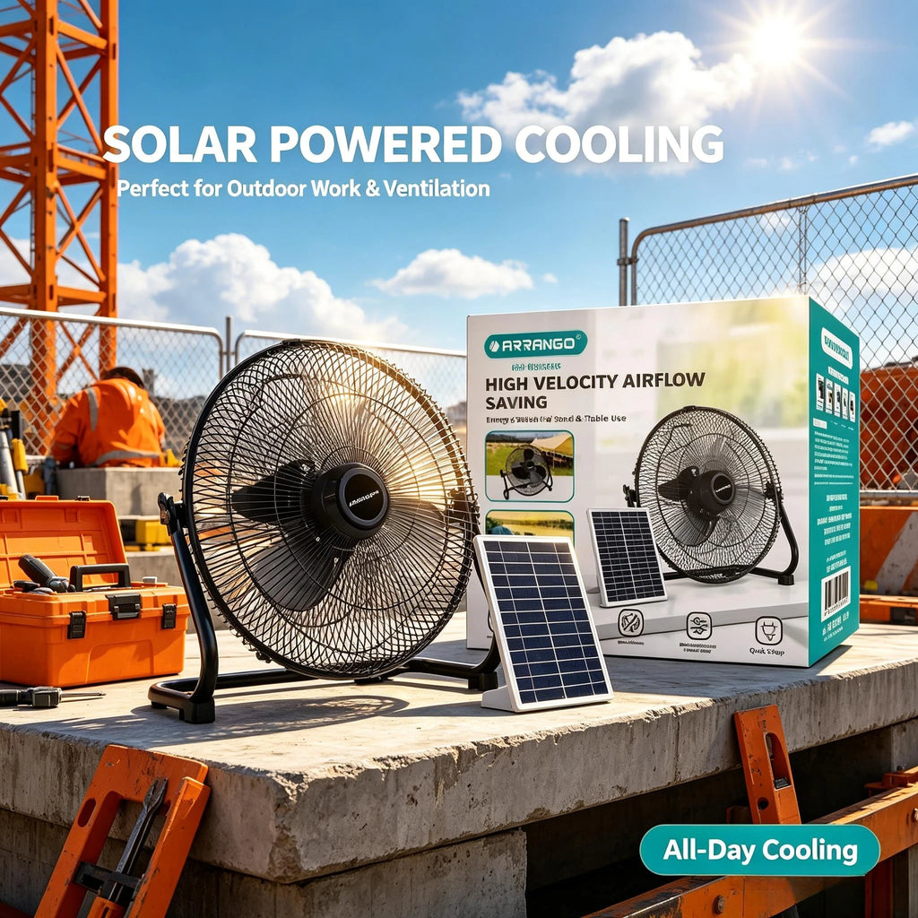 Arrango Solar-Standventilator, groß, wiederaufladbar, leise, 3 Geschwindigkeiten, tragbar, mit Solarpanel, für Camping, Zelt, Outdoor, Notfall, Hausbelüftung