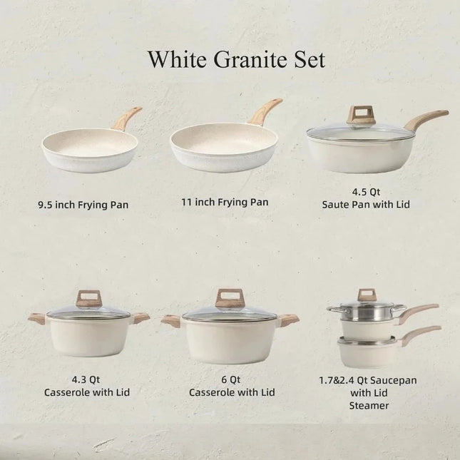 Set di 3-7 pentole e padelle antiaderenti in granito bianco per induzione, con padelle e casseruola