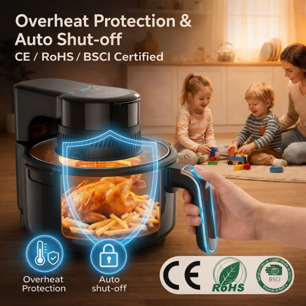 5L Heißluftfritteuse mit transparentem Sichtfenster, LED-Licht, 1200W, 8 voreingestellten Programmen, Antihaftbeschichtung, 80% weniger Öl, 3-in-1, Schwarz