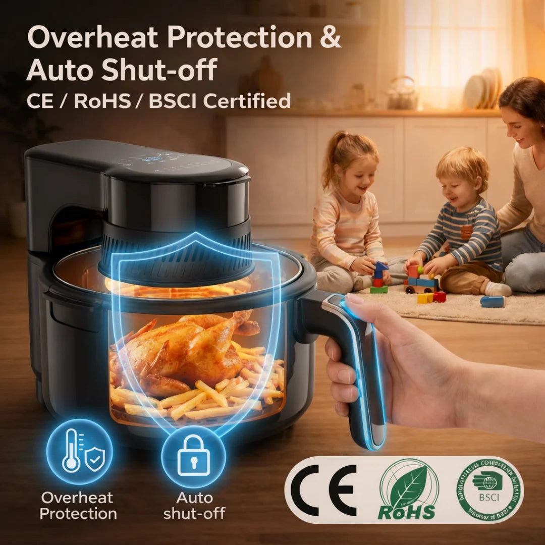5L Heißluftfritteuse mit transparentem Sichtfenster, LED-Licht, 1200W, 8 voreingestellten Programmen, Antihaftbeschichtung, 80% weniger Öl, 3-in-1, Schwarz
