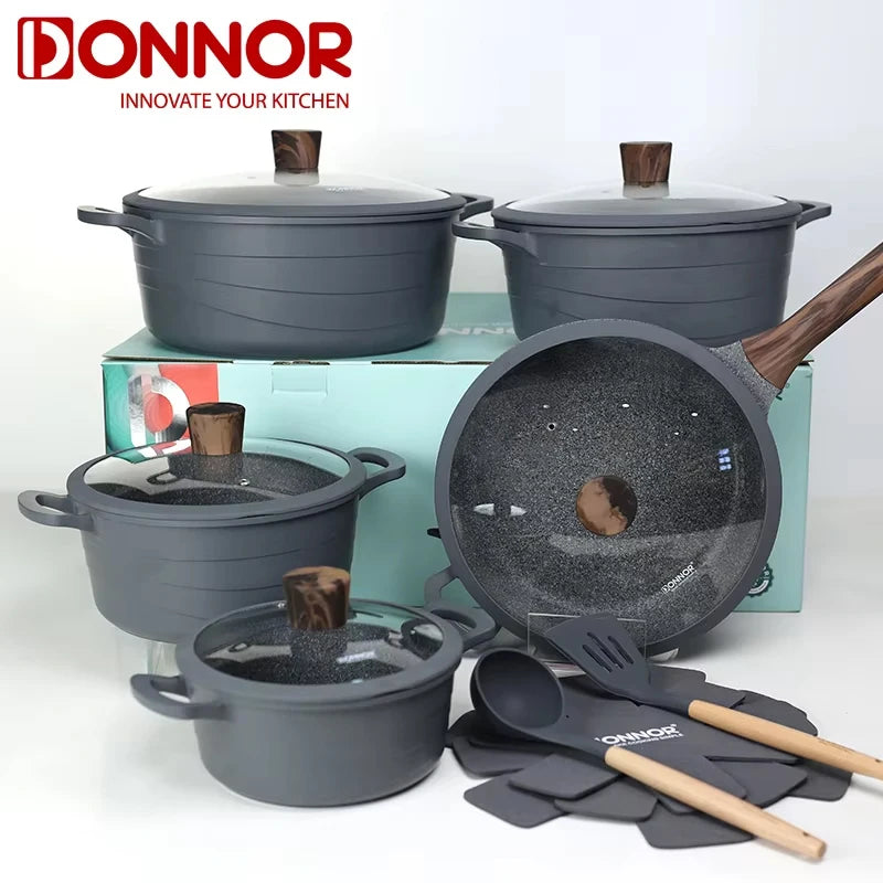 Donnor Set di pentole da 15 pezzi Set di pentole antiaderenti serie Wave Casseruola con rivestimento in granito Utensili da cucina senza fumo