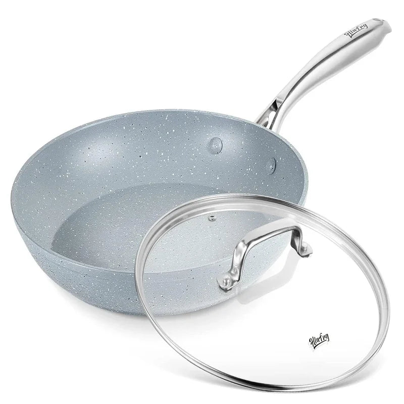 HLAFRG 8/12 Zoll Pfanne mit Deckel, antihaftbeschichtete Marmor-Aluminium-Pfanne mit Edelstahlgriff, induktionsgeeignet
