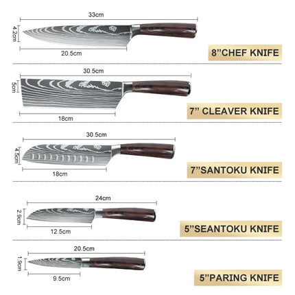 Set of 5 kitchen knives with laser Damask pattern, 7Cr17 steel, sharp, rust-resistant, wooden handle, gift box with fastening strap