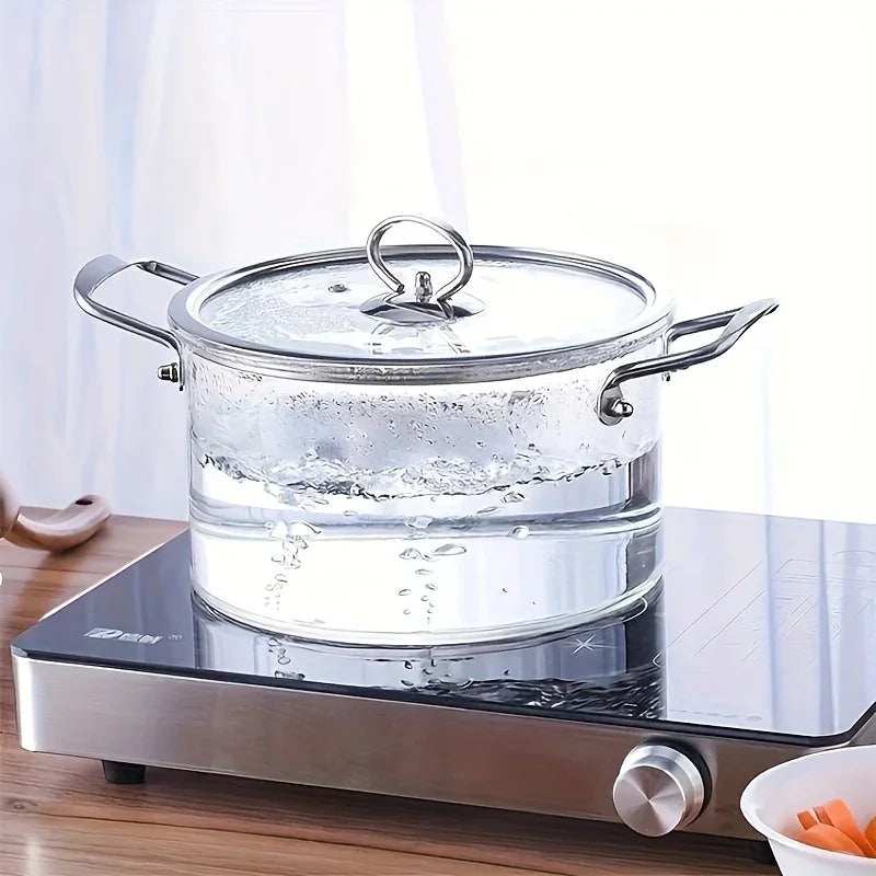 5,5 Liter Glas Topf mit Deckel, Glas Herd, Großvolumiger Suppentopf, Borosilikatglas Auflaufform mit Zweiohr-Suppentopf, Edelstahl