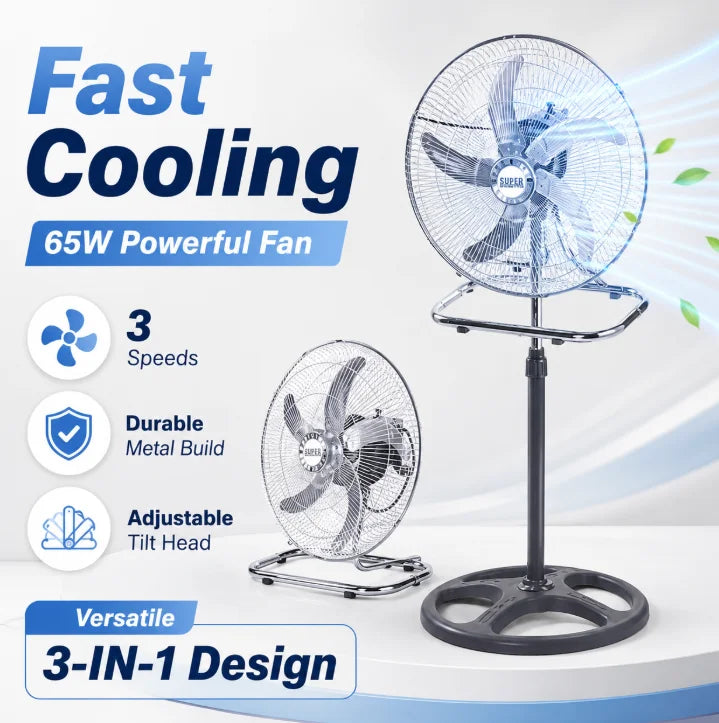 Industrieventilator aus Metall, 3-in-1, 65W, 3 einstellbare Geschwindigkeiten, 125x50CM, Multifunktions-Boden-, Tisch- und Wandventilator, Leistungsstarker Luftzirkulationsventilator für Zuhause, Garage, Lager