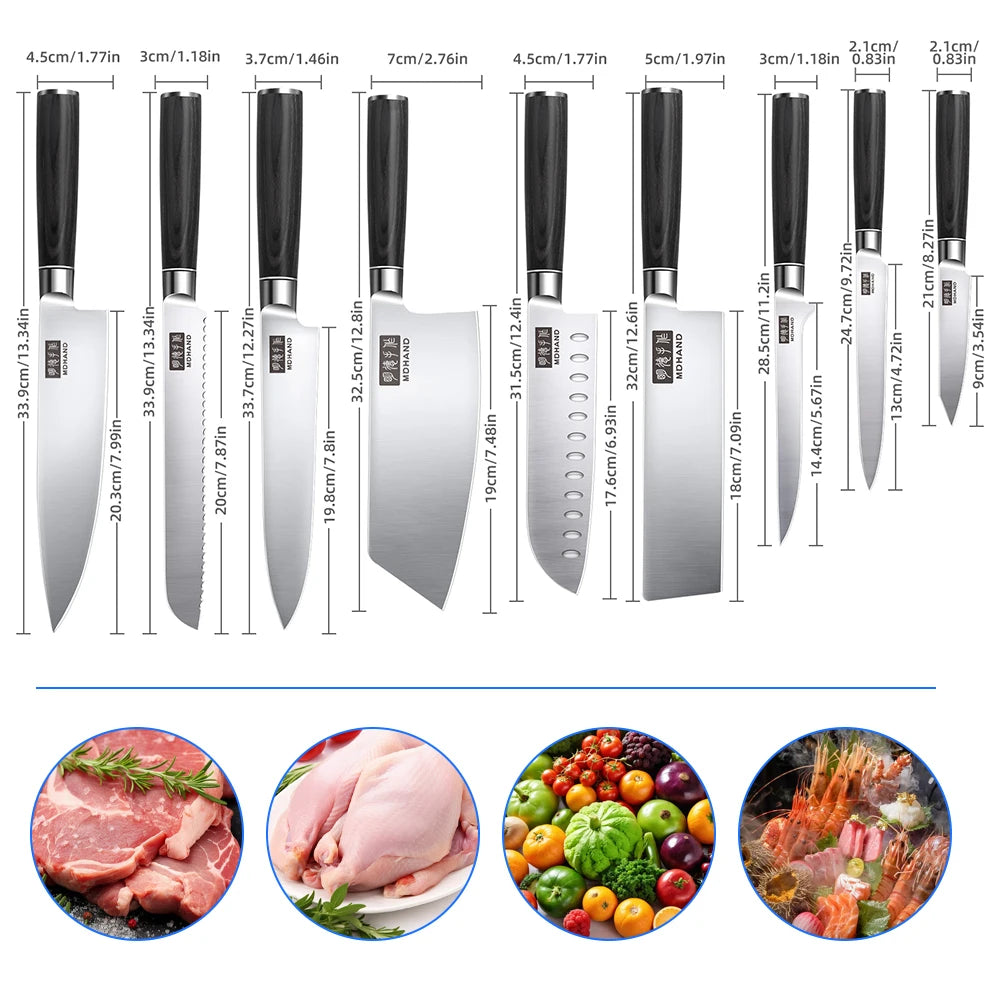 Professionelles 10-teiliges Küchenmesser-Set Chefmesser Tranchiermesser Hochkohlenstoffstahl Superscharfer Holzgriff Geschenkbox