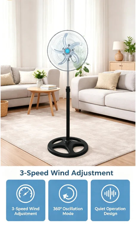 Höhenverstellbarer Standventilator mit 5 Flügeln, leise, oszillierend, großes Luftvolumen, für Zuhause, Schlafzimmer, Wohnzimmer