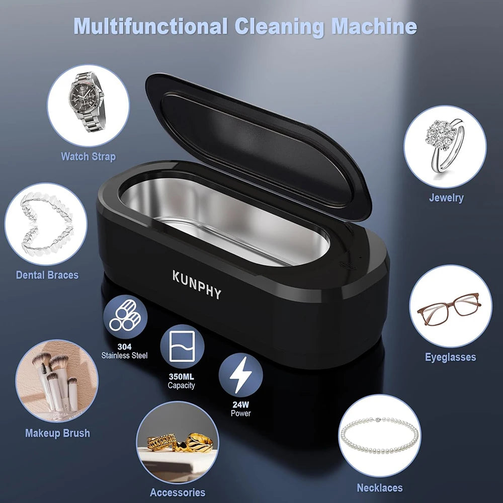 KUNPHY Ultraschallreiniger 350ml 46KHz Professioneller Ultraschallreiniger mit One-Touch-Bedienung Ultraschallreiniger für Ringe Brillen