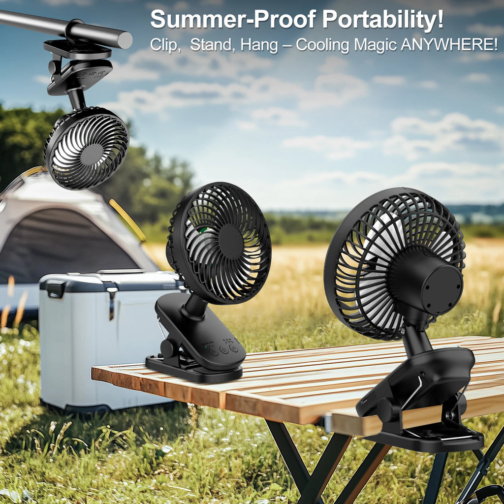 Mini Ventilatore Portatile a Clip, Ventilatore da Tavolo, 4 Velocità Silenziose con Rotazione a 360° °   Lampada da Campeggio con Oscillazione Automatica della Testa, Alimentazione ad Aria, Batteria da 4000mAh