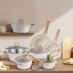 Set di Pentole in Alluminio da 21 Pezzi, Antiaderente, Bianco Granito, per Cucina a Induzione, con Coperchio, Doppio Manico, Utensili in Silicone, Senza PFOA