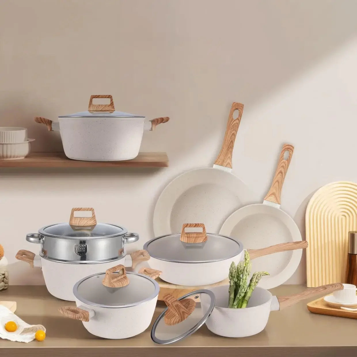 Set di Pentole in Alluminio da 21 Pezzi, Antiaderente, Bianco Granito, per Cucina a Induzione, con Coperchio, Doppio Manico, Utensili in Silicone, Senza PFOA