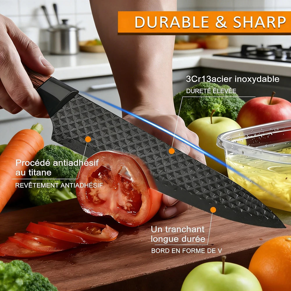 ZENG 6er-Set Küchenmesser mit scharfen Antihaftklingen, ergonomischem Holzgriff, Komplettset zum Kochen und Schneiden