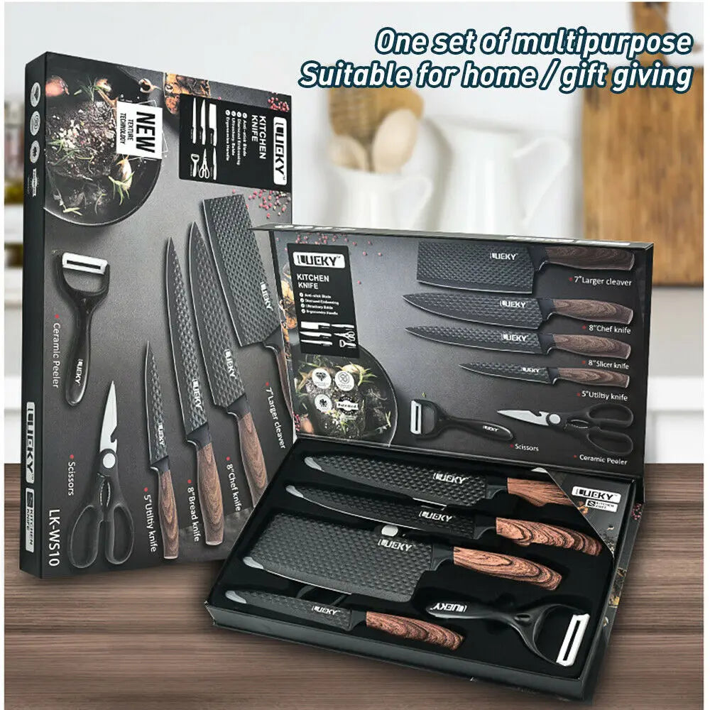 Set di 6 Coltelli da Cucina ZENG con Lame Affilate Antiaderenti, Manico Ergonomico in Legno, Set Completo per Cucinare e Tagliare