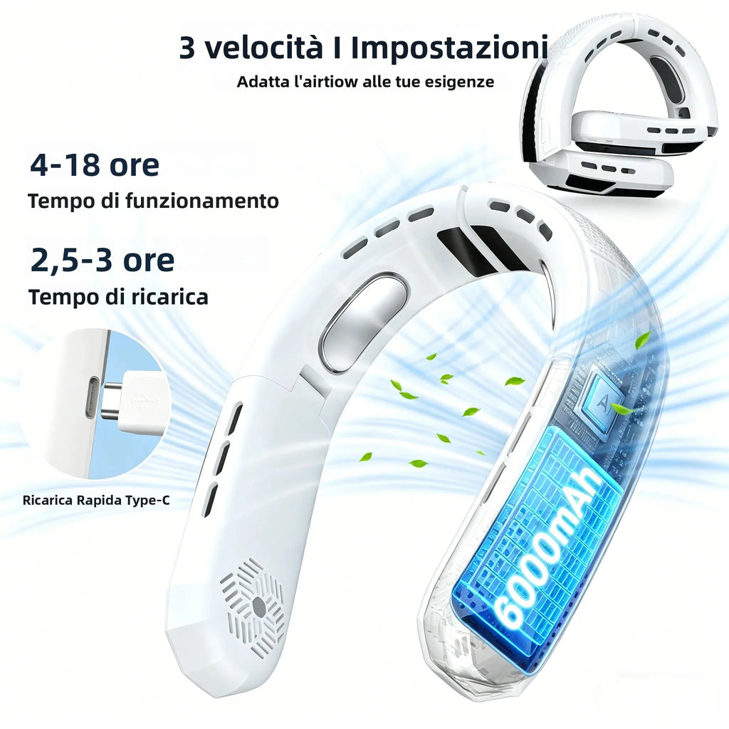 Ventilatore da Collo Ricaricabile 6000mAh, Silenzioso e Portatile, con Display Digitale, Raffreddatore d'Aria a Mani Libere per Lavoro all'Aperto e Campeggio