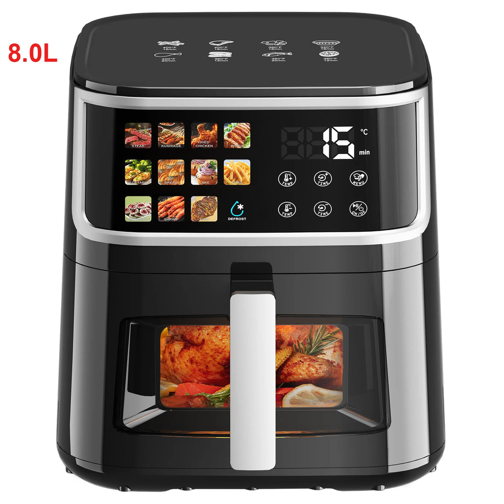 Patbrela Heißluftfritteuse 8L Groß ohne Öl mit LED-Display, 11 Voreinstellungen: Braten, Backen, Dörren, Aufwärmen, Leise, Antihaftbeschichtung