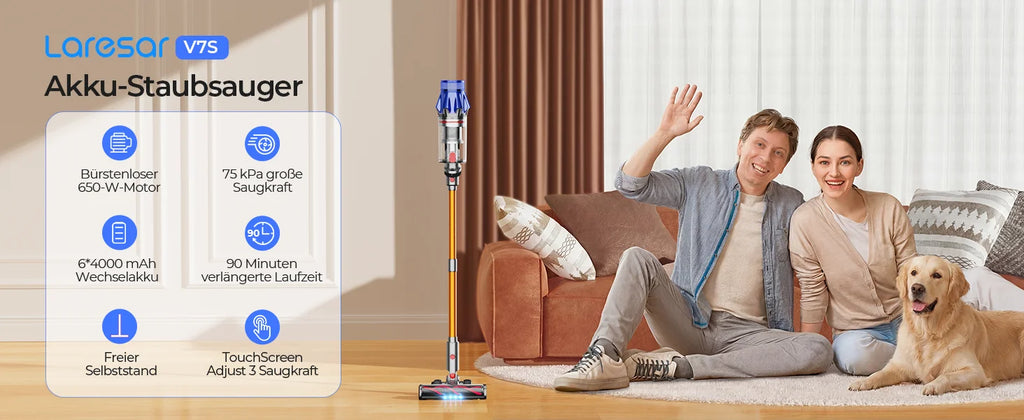 Aspirapolvere senza fili Laresar V7S 75000PA 650W, 90 minuti di autonomia, batteria rimovibile, display intelligente, elettrodomestico
