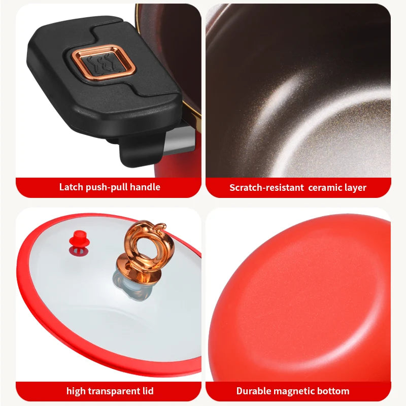 1 Stück Großer Suppentopf 26 cm/10 Zoll mit Drehverschlussgriff für schnelles Schmoren 6 Liter Schwarz Orange Rot Multifunktionaler Kochtopf für alle Herdarten geeignet