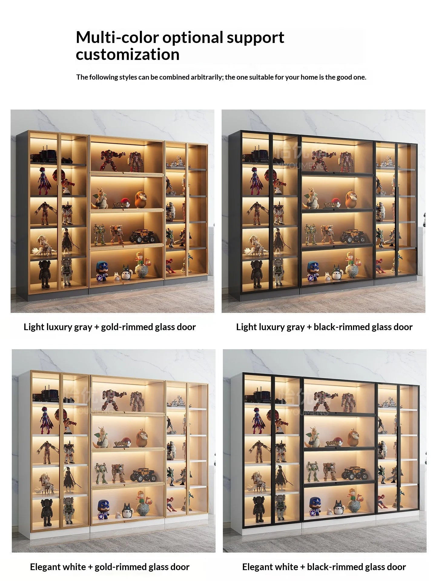 Vetrina Espositiva Personalizzabile con Porta in Vetro Temperato, Luce LED, Grande Capacità, Scomparti Multipli, Telaio in Alluminio, Eco-Friendly