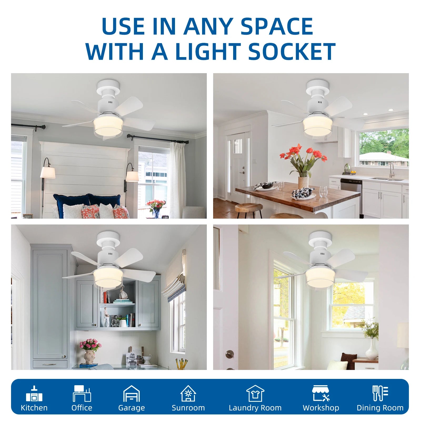 Ventilatore da soffitto E27 con luce, 4 velocita, 3 temperature di colore, telecomando, bianco/legno