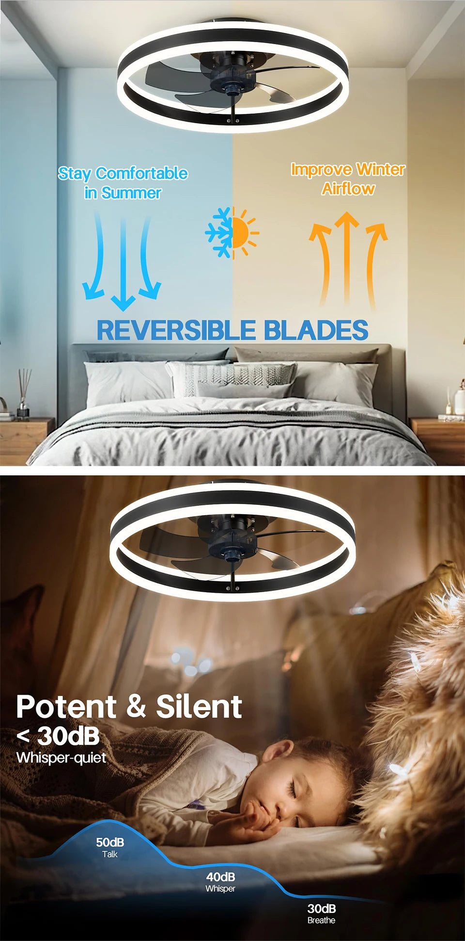 Jelena Ventilatore da soffitto rotondo Lampade con telecomando Camera da letto Soggiorno Sala da pranzo Decorazione domestica Ventilatore moderno con lampada a LED intelligente