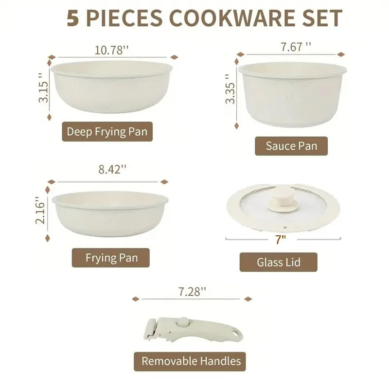 Set di pentole in granito antiaderenti da 5 pezzi con manico rimovibile Set di pentole da cucina per esterni Kit fornello da campeggio per camper a induzione con coperchio