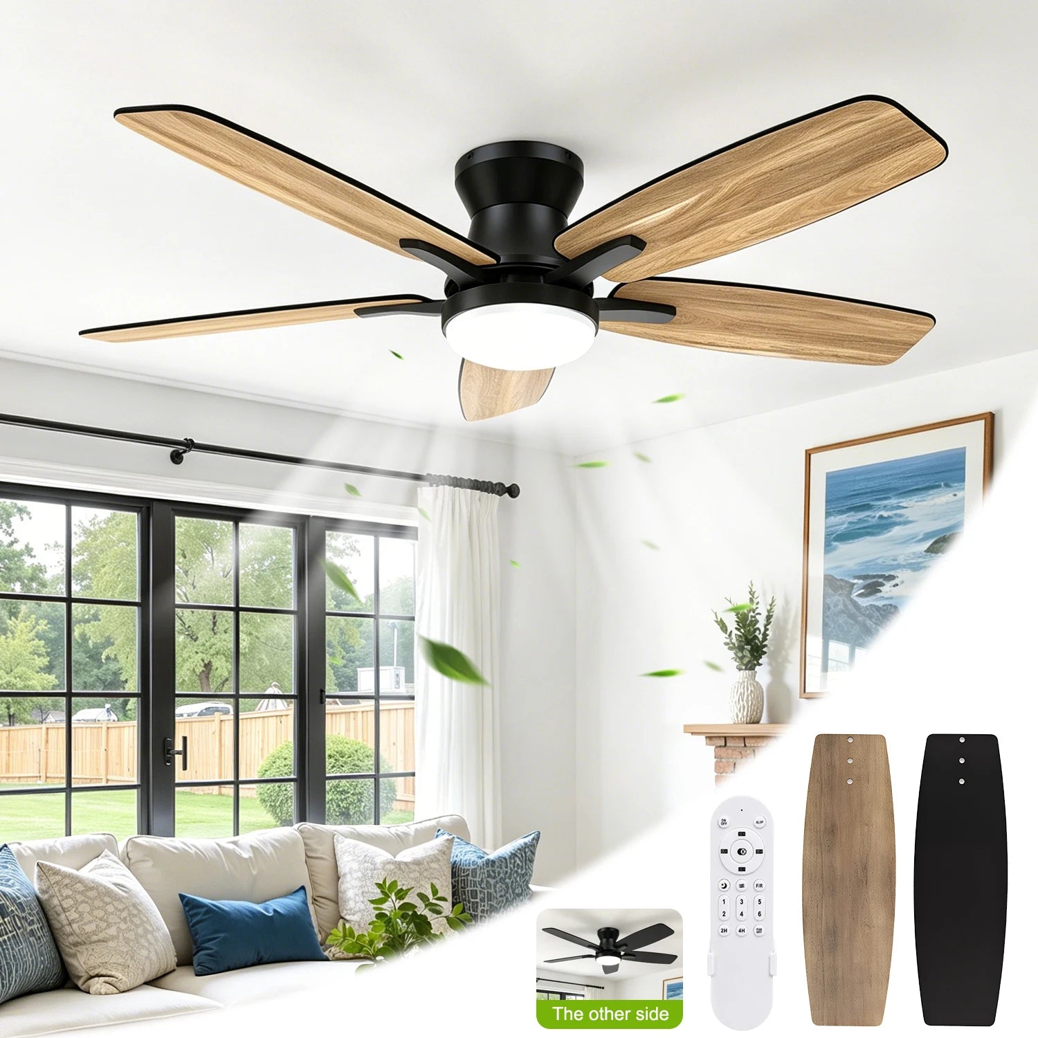 Ventilatore da soffitto a doppia pala da 42 pollici con luce LED dimmerabile, motore DC reversibile a 6 velocità dimmerabile, timer silenzioso, ventilatore a basso profilo per camera da letto, cucina, appartamento