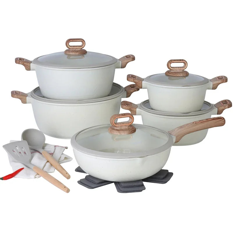 DONNOR 15/16-teiliges Topfset Antihaft-Bratpfanne 15/16-teiliges Kochgeschirr Milchkännchen Suppentopf Küchenset Gasherd Induktionsherd